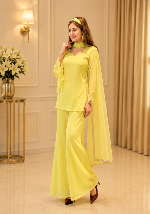 Women's Ethnic V neck Co-Ord Set with Palazzo and Dupatta