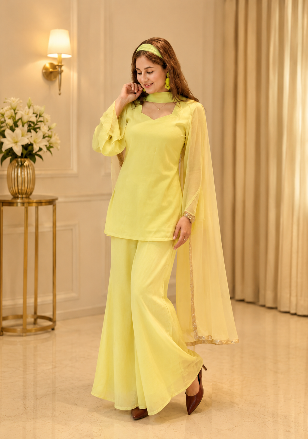 Women's Ethnic V neck Co-Ord Set with Palazzo and Dupatta