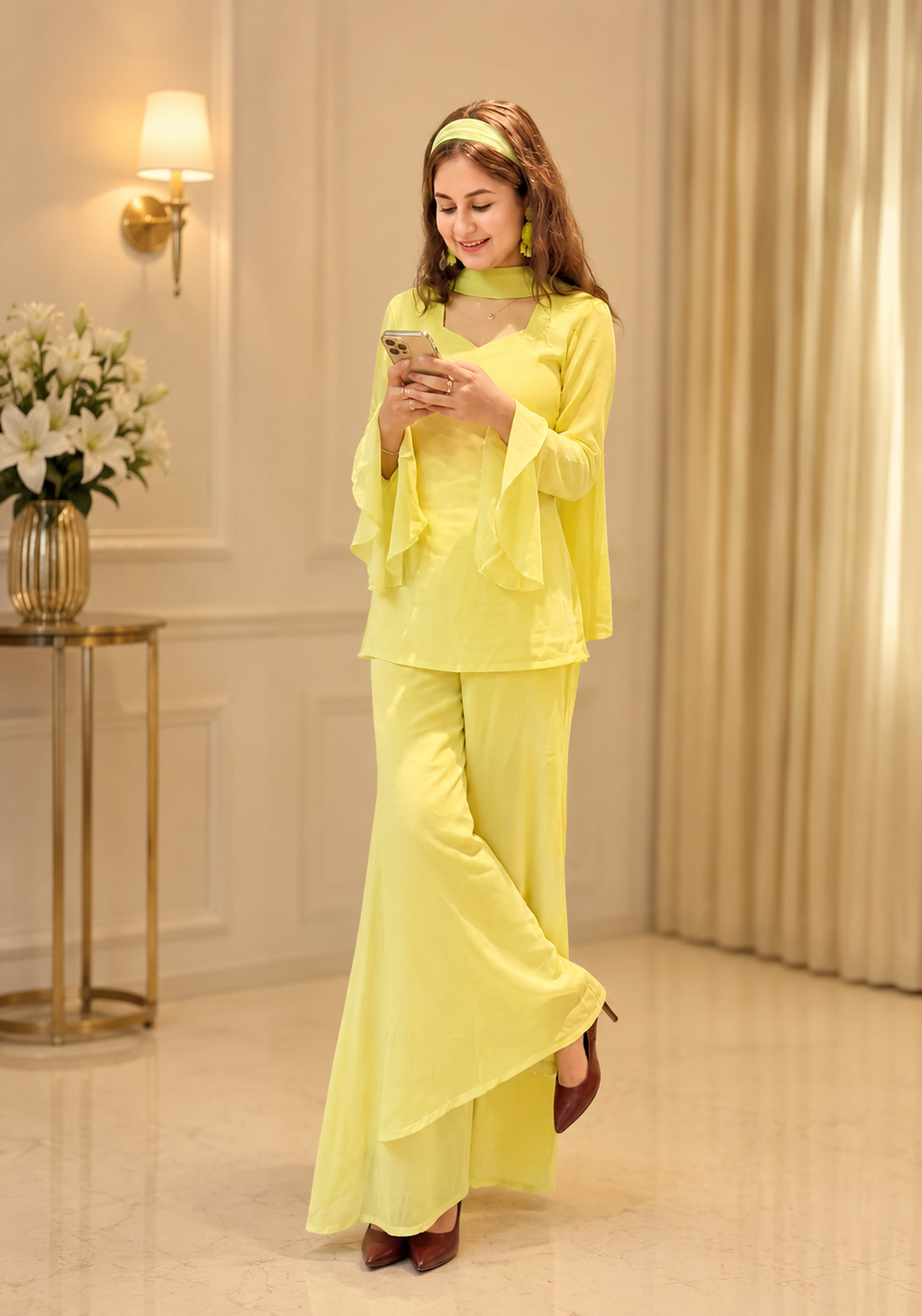 Women's Ethnic V neck Co-Ord Set with Palazzo and Dupatta