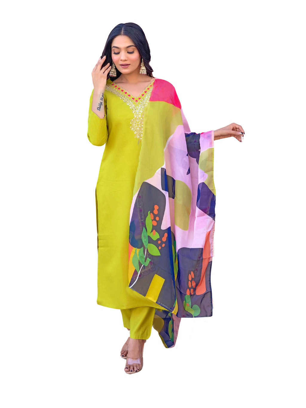Women's Lemon Yellow Embroidered Rayon Kurta Pant Set with Printed Dupatta D440