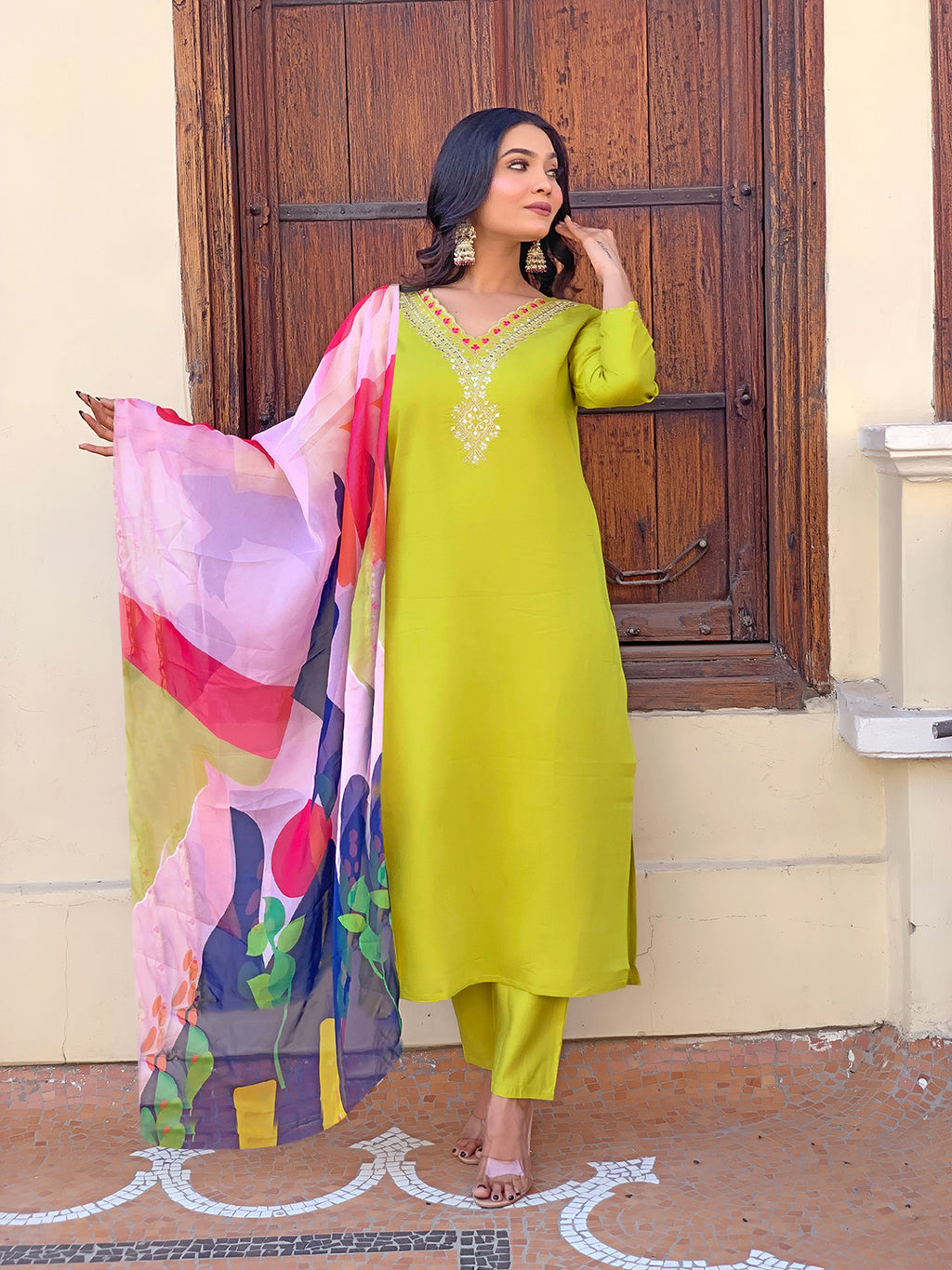 Women's Lemon Yellow Embroidered Rayon Kurta Pant Set with Printed Dupatta D440
