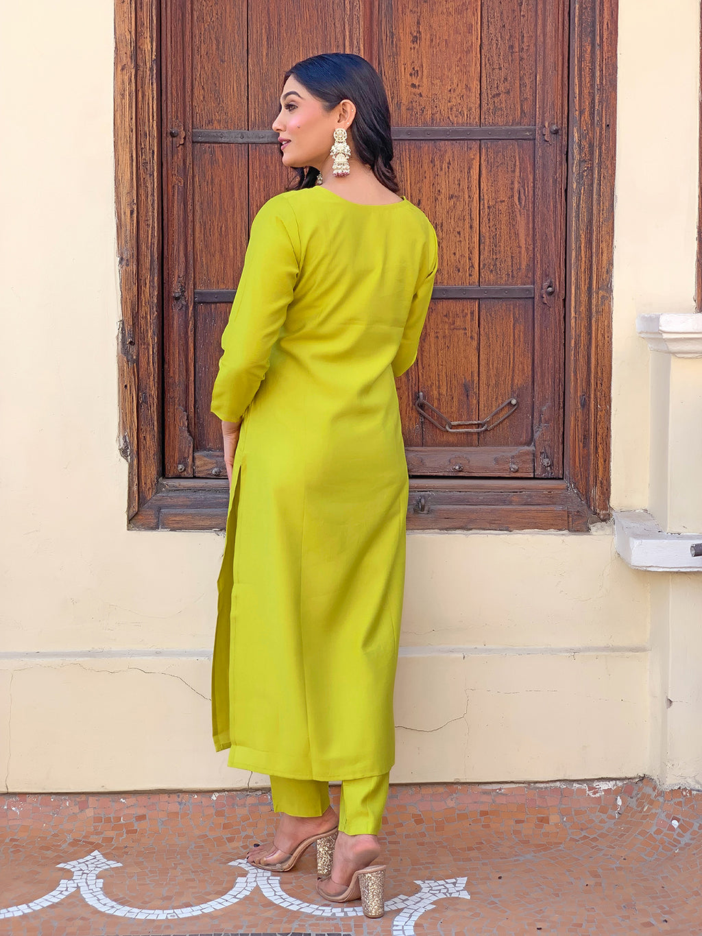 Women's Lemon Yellow Embroidered Rayon Kurta Pant Set with Printed Dupatta D440