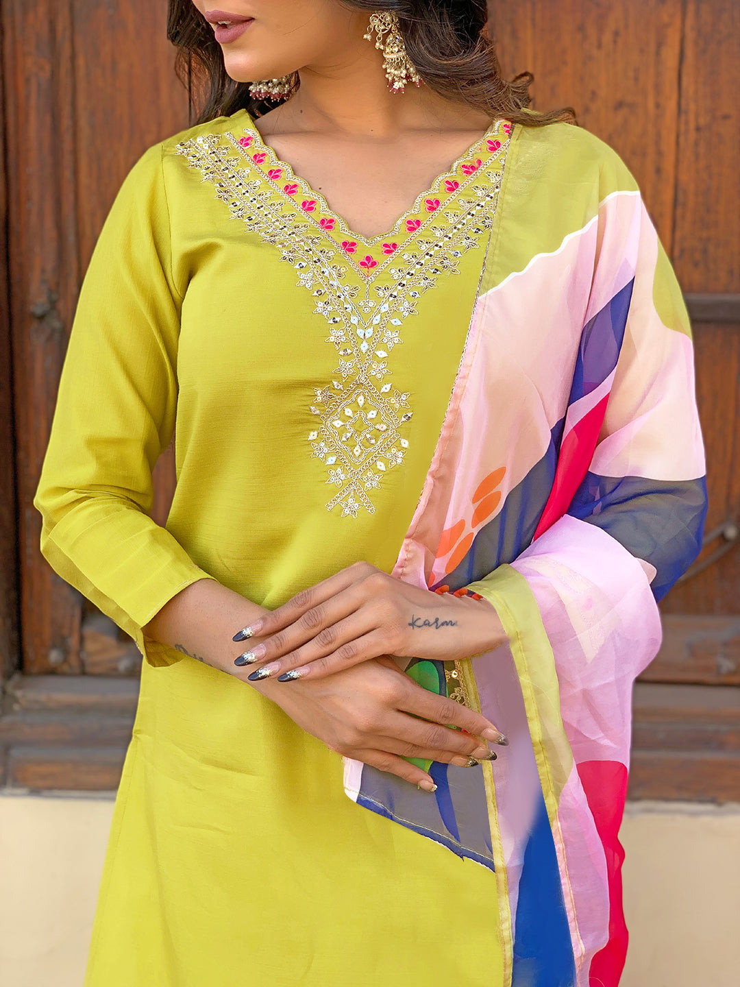 Women's Lemon Yellow Embroidered Rayon Kurta Pant Set with Printed Dupatta D440