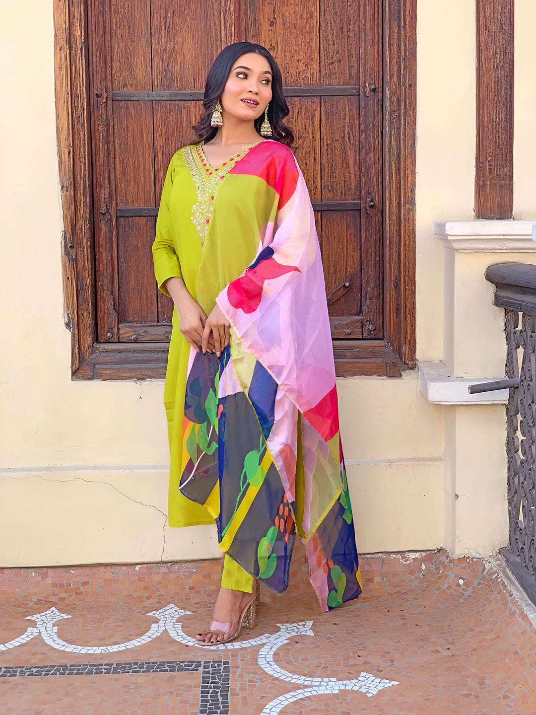 Women's Lemon Yellow Embroidered Rayon Kurta Pant Set with Printed Dupatta D440