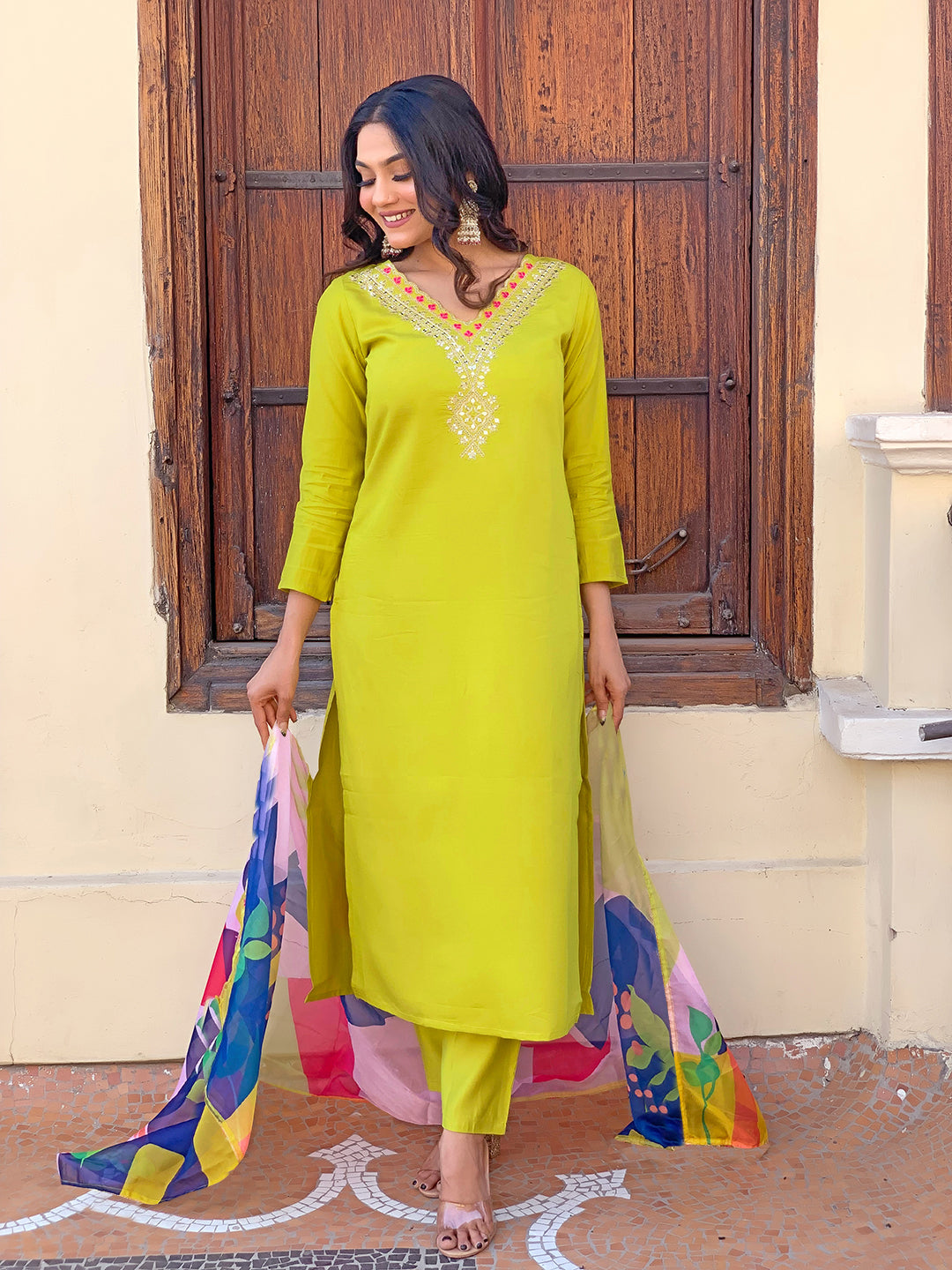 Women's Lemon Yellow Embroidered Rayon Kurta Pant Set with Printed Dupatta D440