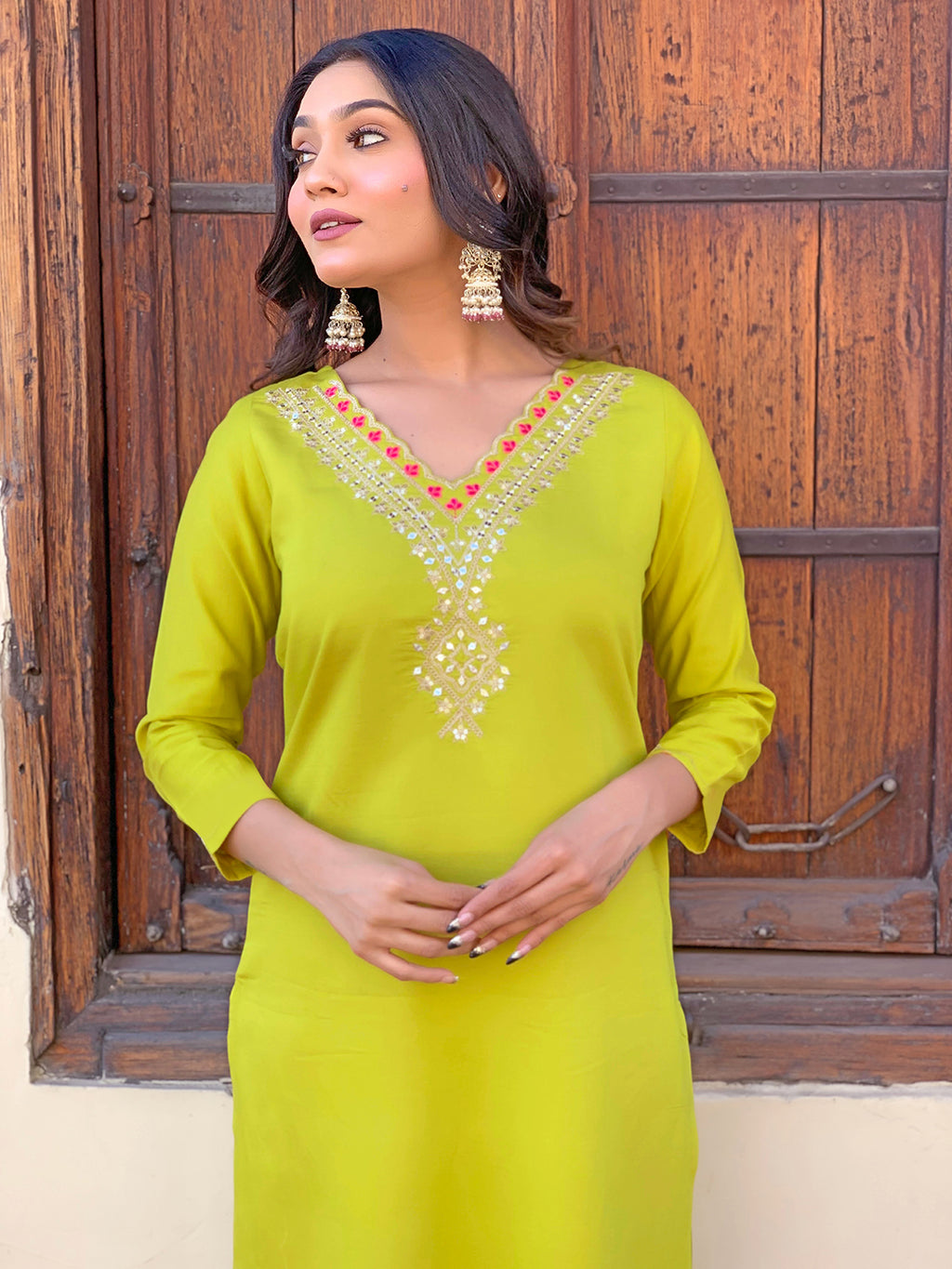 Women's Lemon Yellow Embroidered Rayon Kurta Pant Set with Printed Dupatta D440