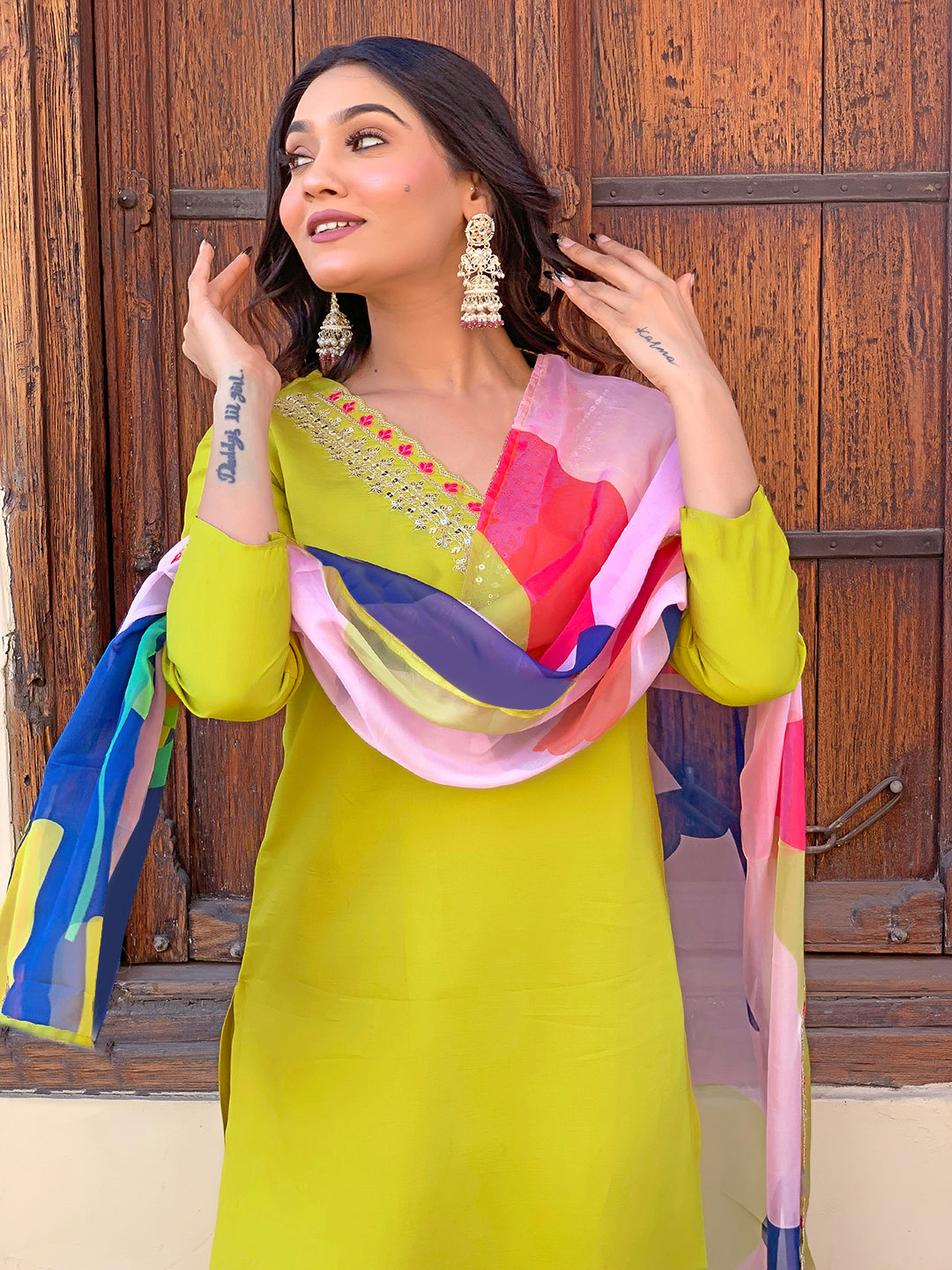 Women's Lemon Yellow Embroidered Rayon Kurta Pant Set with Printed Dupatta D440