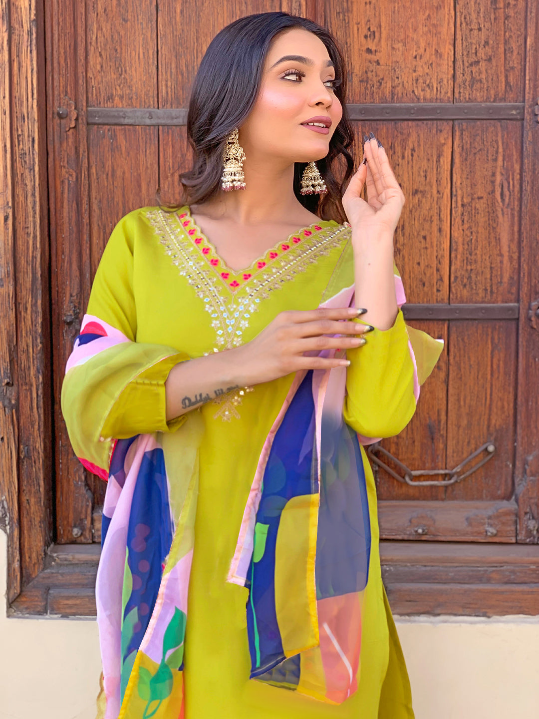 Women's Lemon Yellow Embroidered Rayon Kurta Pant Set with Printed Dupatta D440