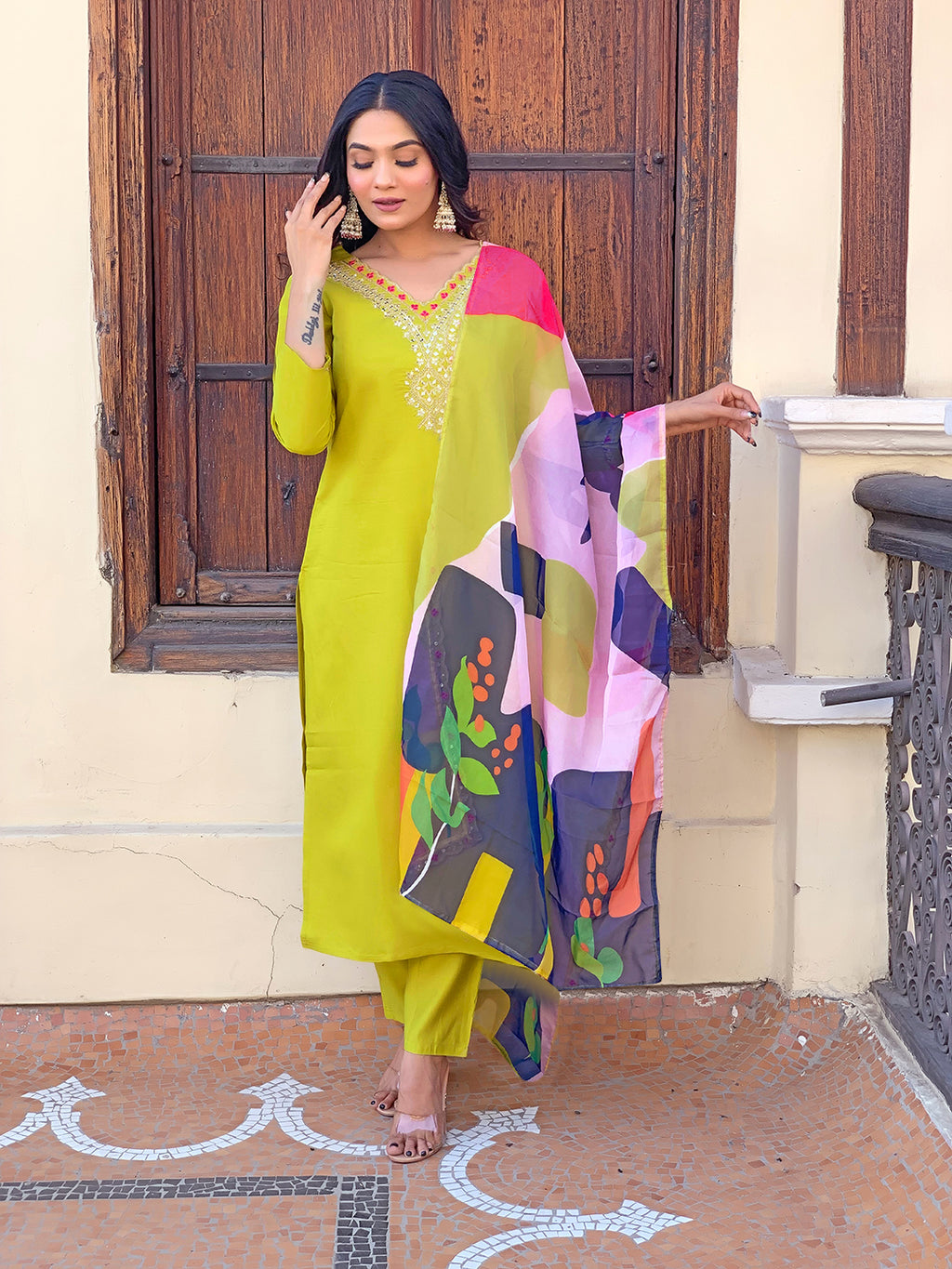 Women's Lemon Yellow Embroidered Rayon Kurta Pant Set with Printed Dupatta D440