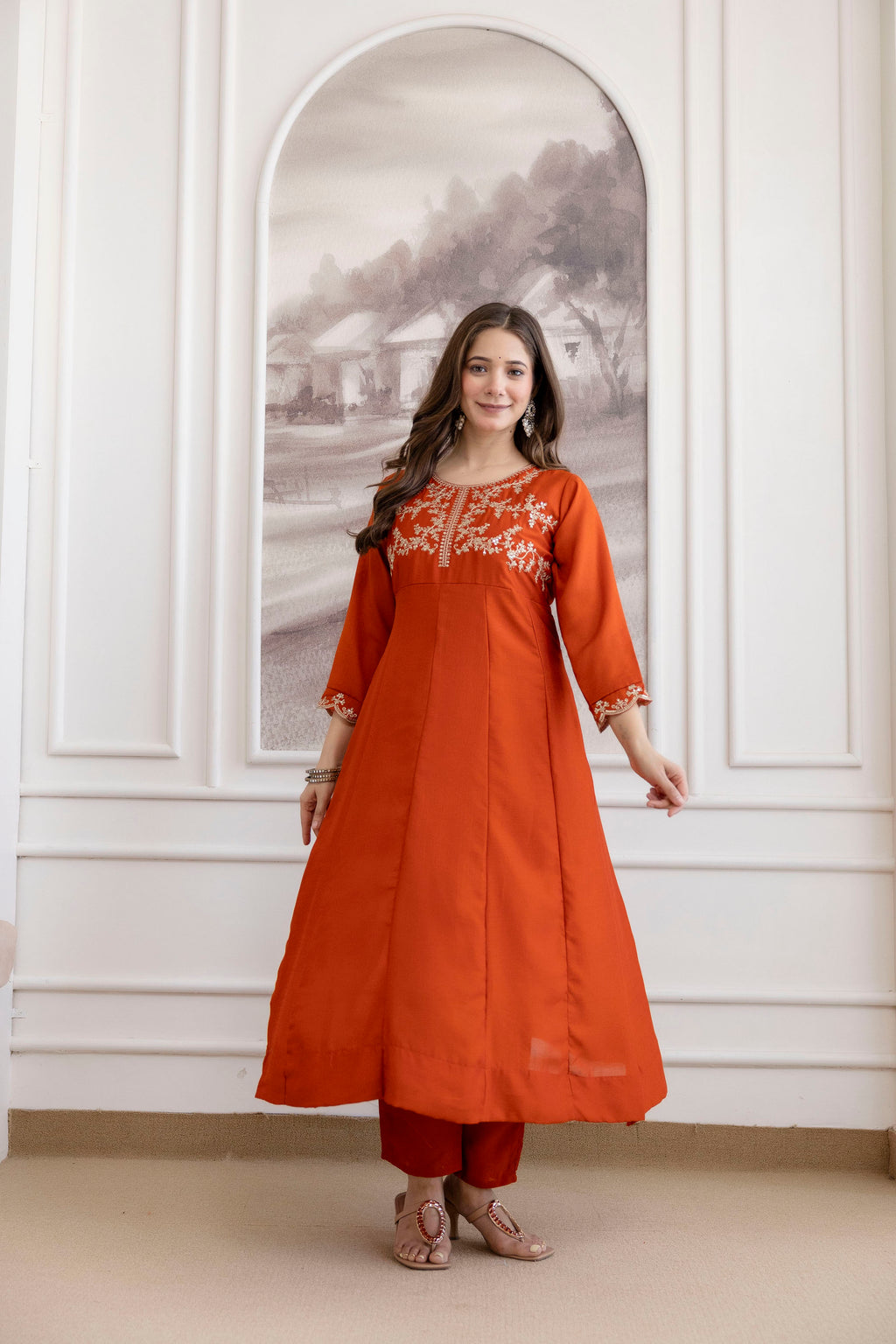Women's Embroidered Vichitra Silk Kurti Pant & Dupatta Set | AF-JANVI ORENGE