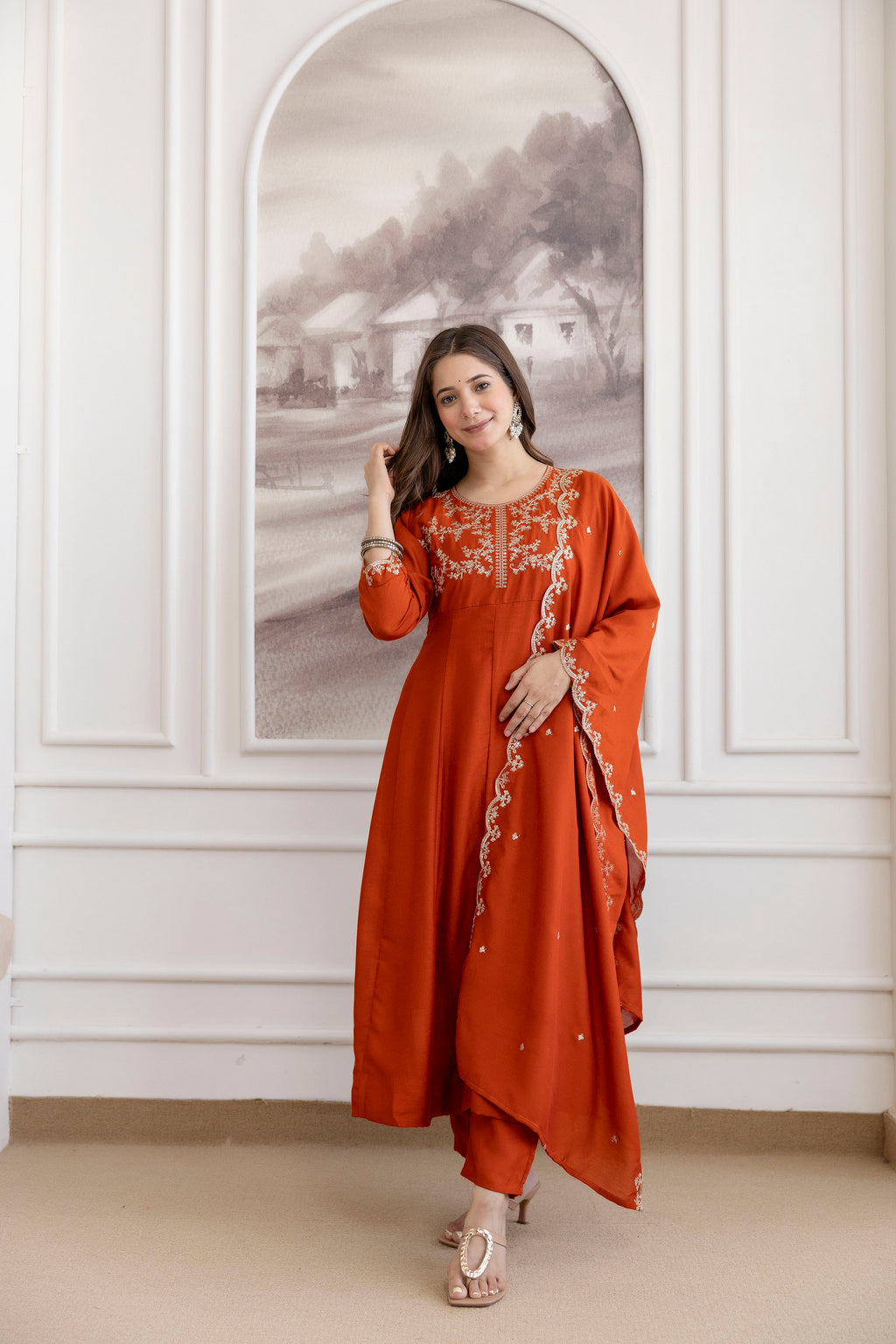 Women's Embroidered Vichitra Silk Kurti Pant & Dupatta Set | AF-JANVI ORENGE