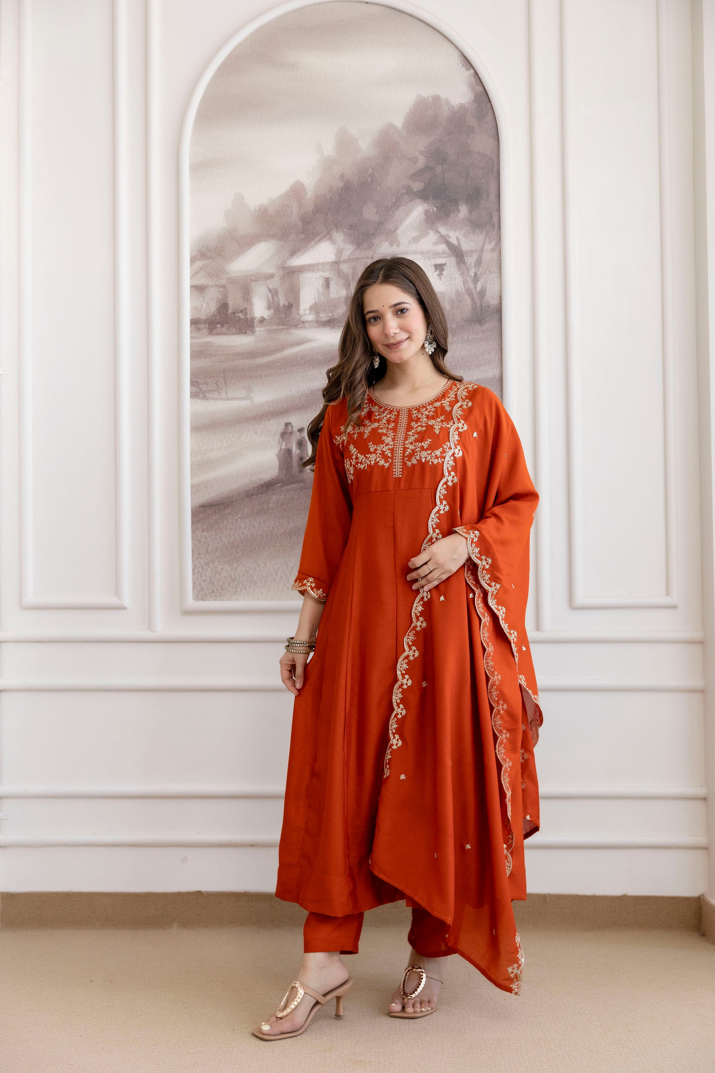 Women's Embroidered Vichitra Silk Kurti Pant & Dupatta Set | AF-JANVI ORENGE