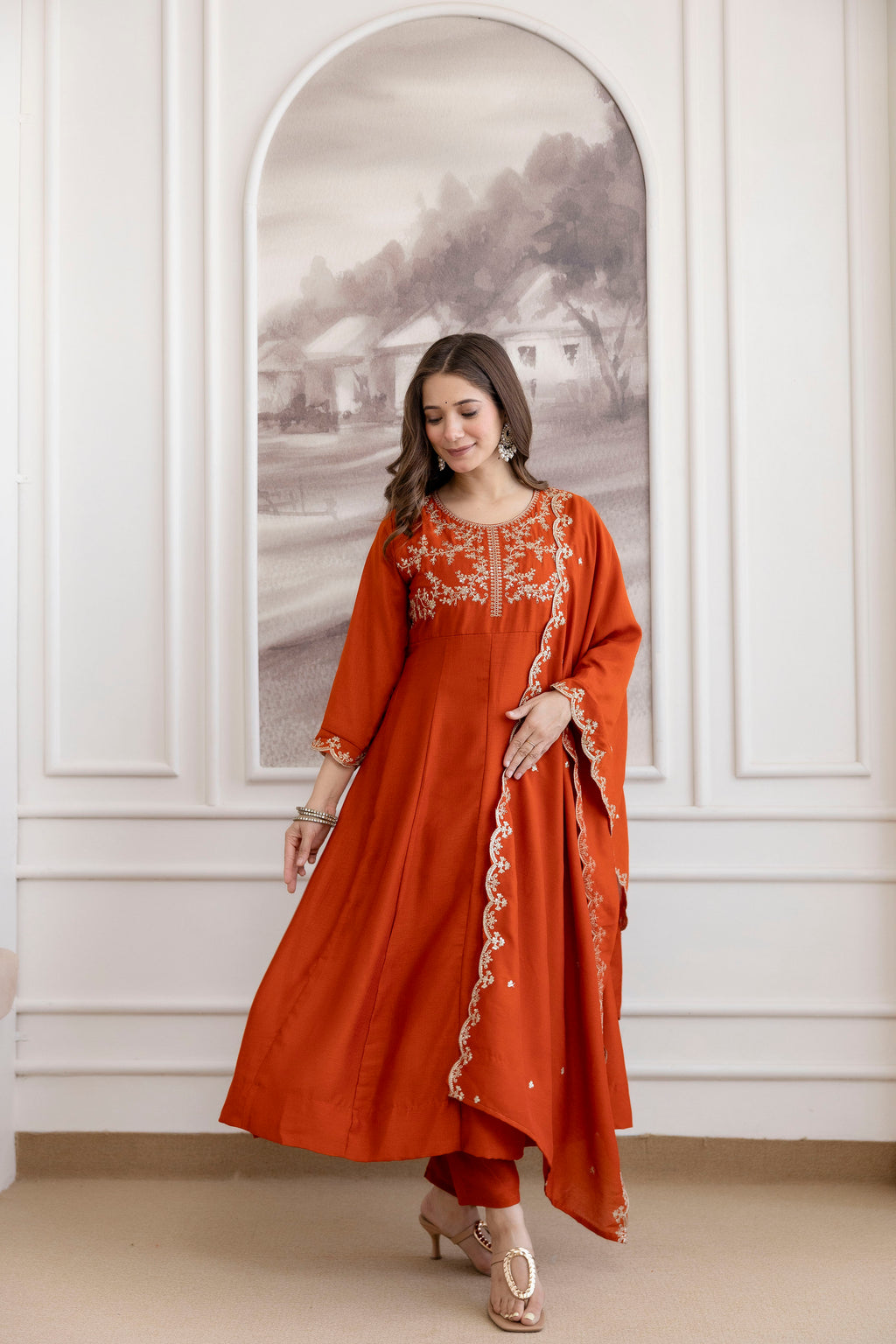 Women's Embroidered Vichitra Silk Kurti Pant & Dupatta Set | AF-JANVI ORENGE