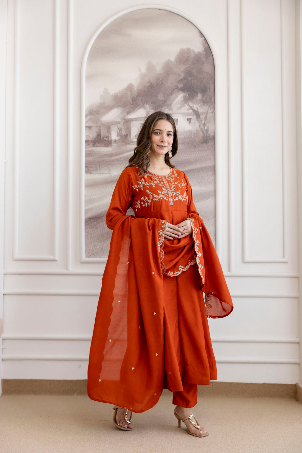 Women's Embroidered Vichitra Silk Kurti Pant & Dupatta Set | AF-JANVI ORENGE