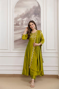 Women's Embroidered Vichitra Silk Kurti Pant & Dupatta Set | AF-JANVI PEROT