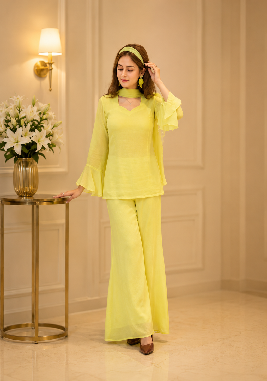 Women's Ethnic V neck Co-Ord Set with Palazzo and Dupatta
