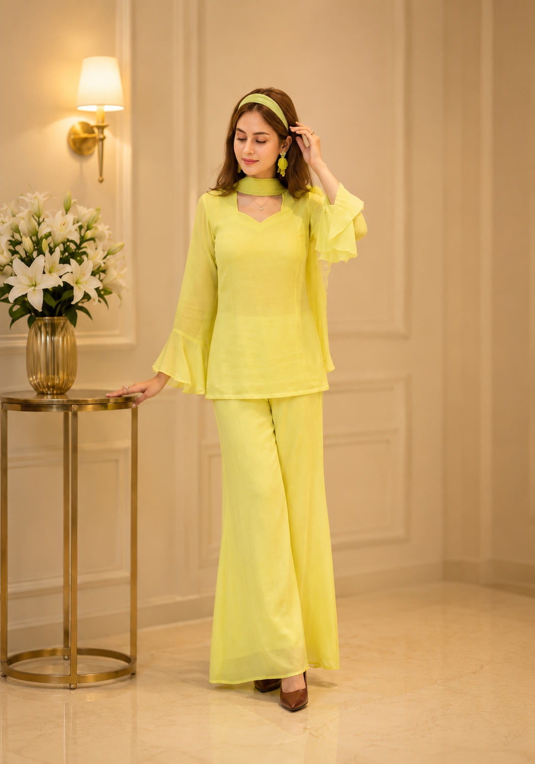 Women's Ethnic V neck Co-Ord Set with Palazzo and Dupatta