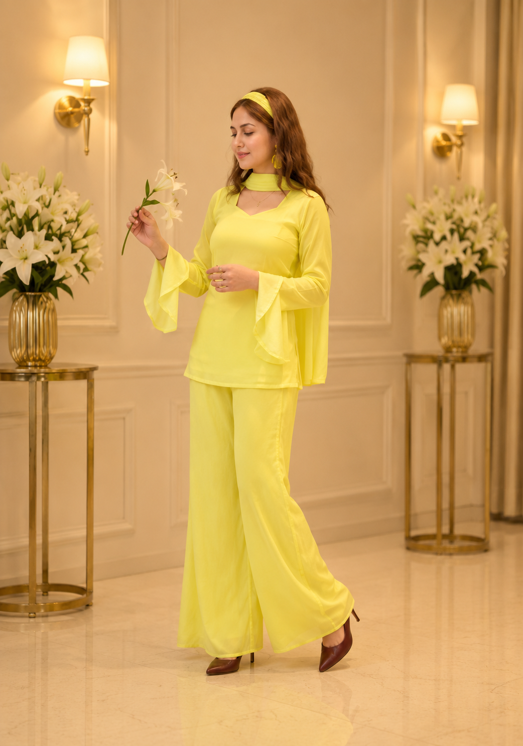 Women's Ethnic V neck Co-Ord Set with Palazzo and Dupatta