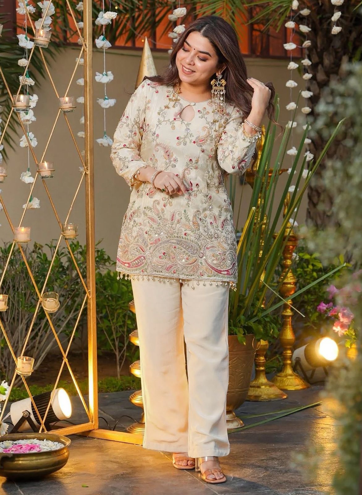 Women's Embroidered Heavy Crepe Silk Kurti with Pant Set | AL-1006