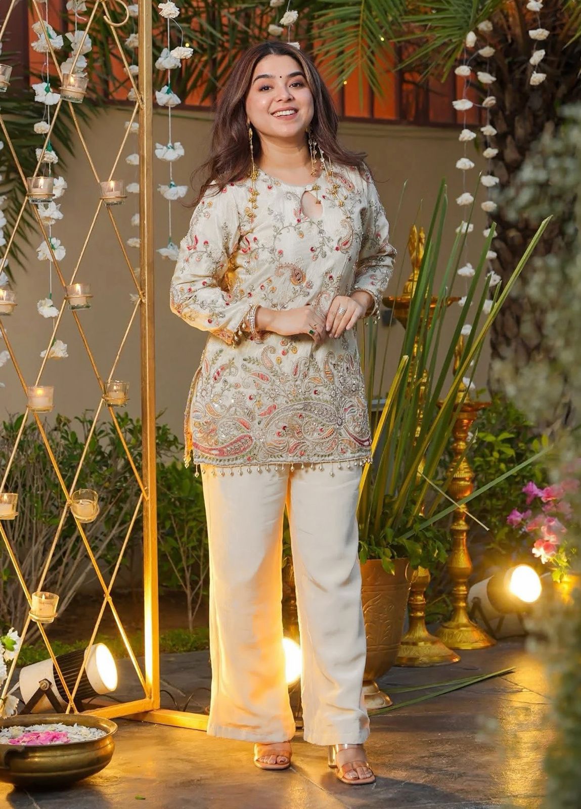 Women's Embroidered Heavy Crepe Silk Kurti with Pant Set | AL-1006