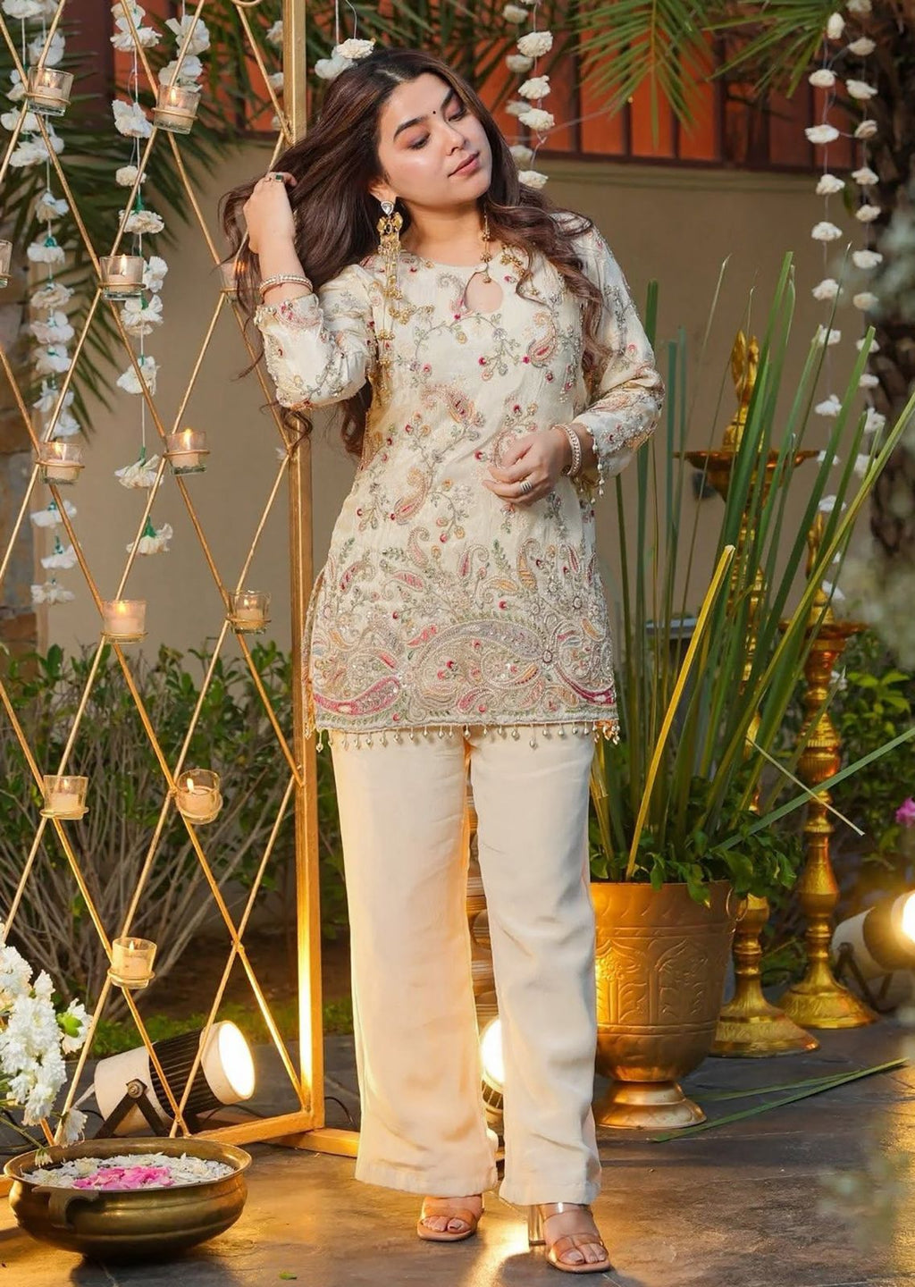 Women's Embroidered Heavy Crepe Silk Kurti with Pant Set | AL-1006