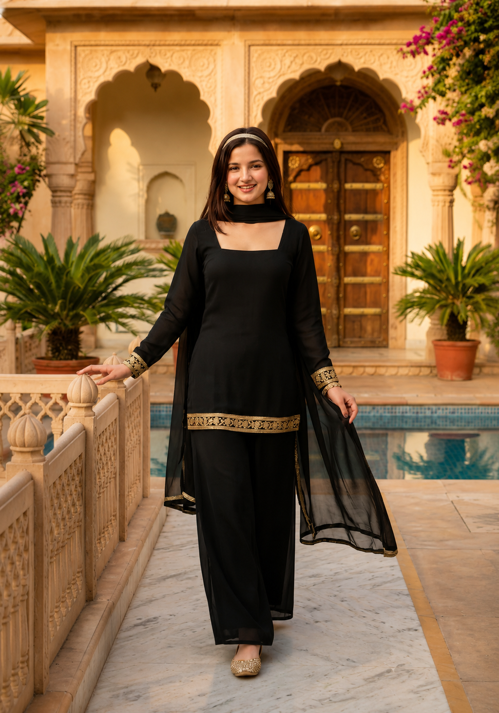 Women's Black Party Wear Ethnic Kurta Palazzo Set