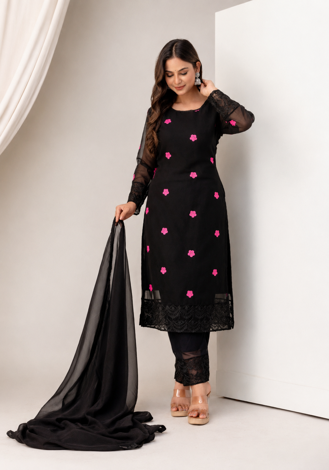 Women's Black Floral Embroidered Kurti Pant & Chiffon Dupatta Set