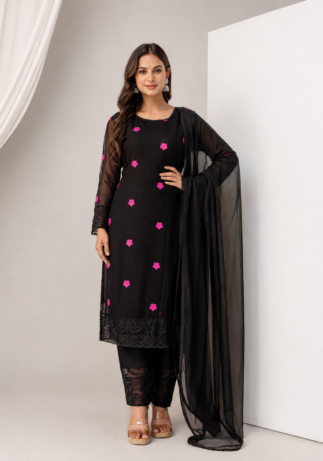 Women's Black Floral Embroidered Kurti Pant & Chiffon Dupatta Set
