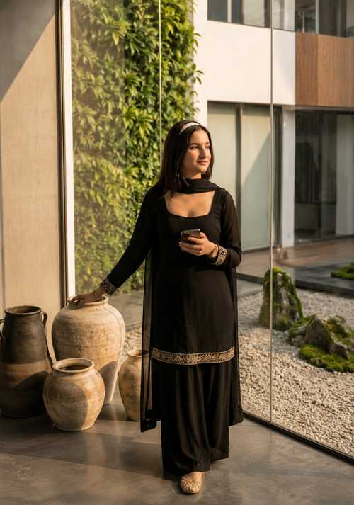 Women's Black Party Wear Ethnic Kurta Palazzo Set