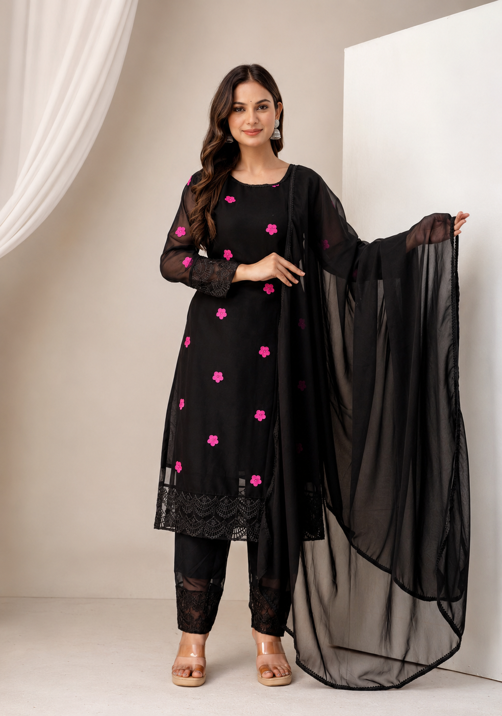 Women's Black Floral Embroidered Kurti Pant & Chiffon Dupatta Set