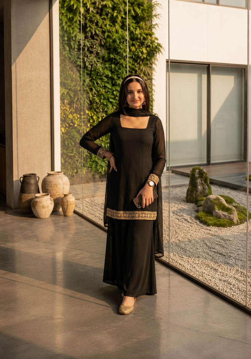 Women's Black Party Wear Ethnic Kurta Palazzo Set