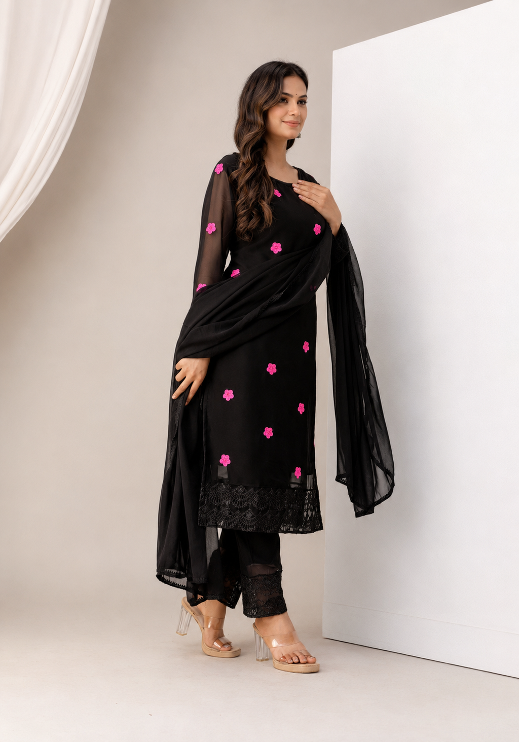 Women's Black Floral Embroidered Kurti Pant & Chiffon Dupatta Set