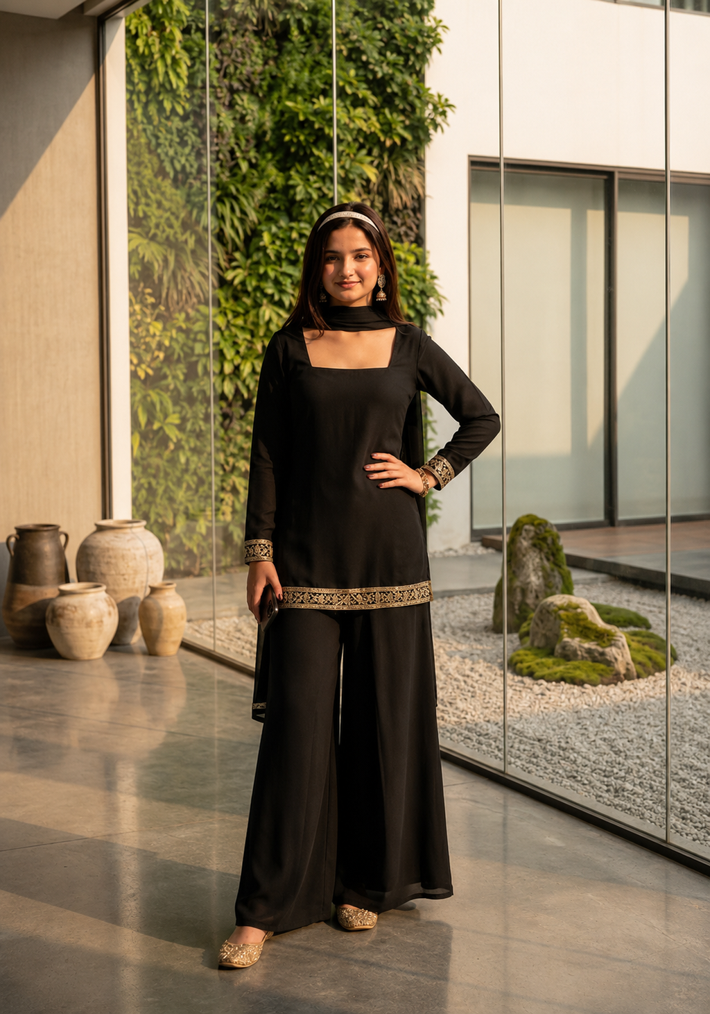 Women's Black Party Wear Ethnic Kurta Palazzo Set