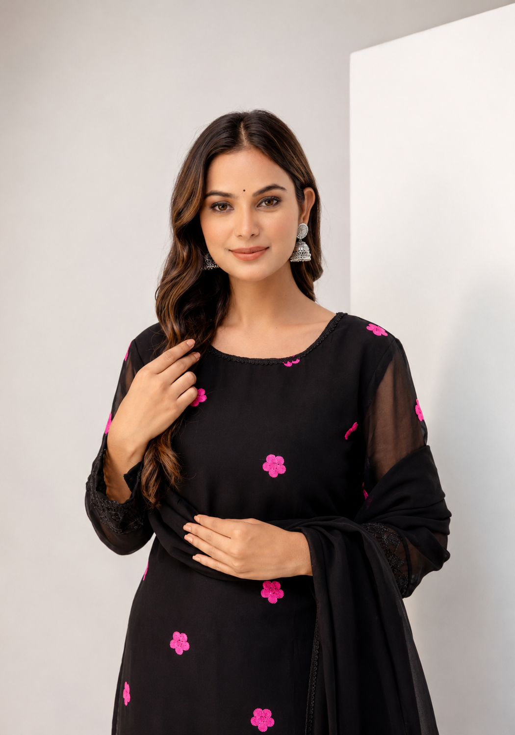 Women's Black Floral Embroidered Kurti Pant & Chiffon Dupatta Set