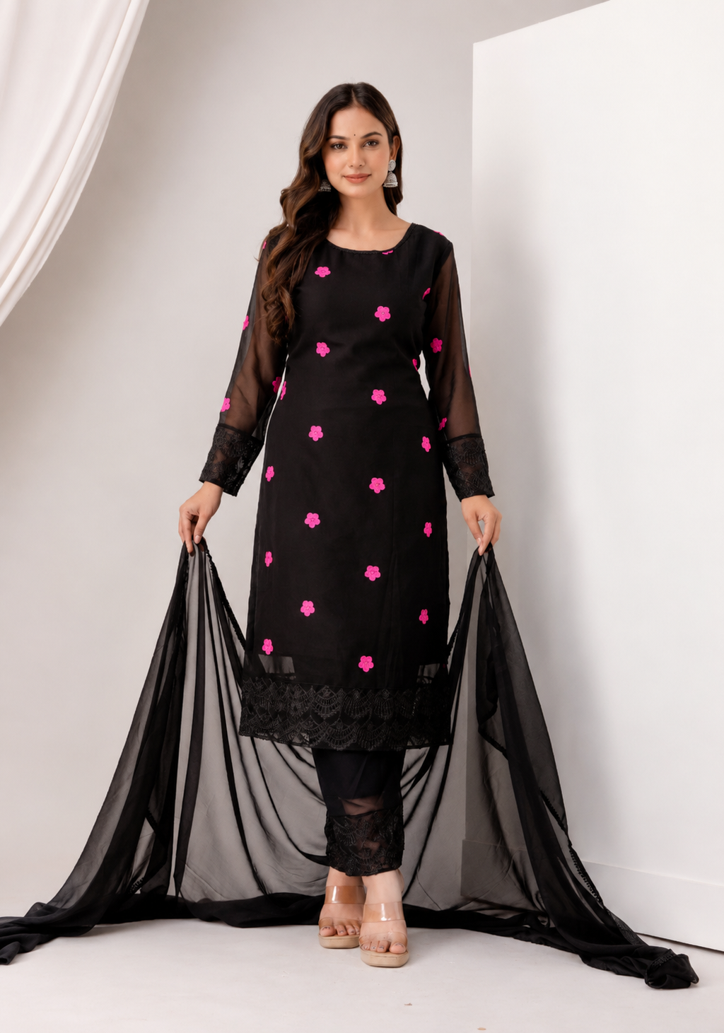Women's Black Floral Embroidered Kurti Pant & Chiffon Dupatta Set