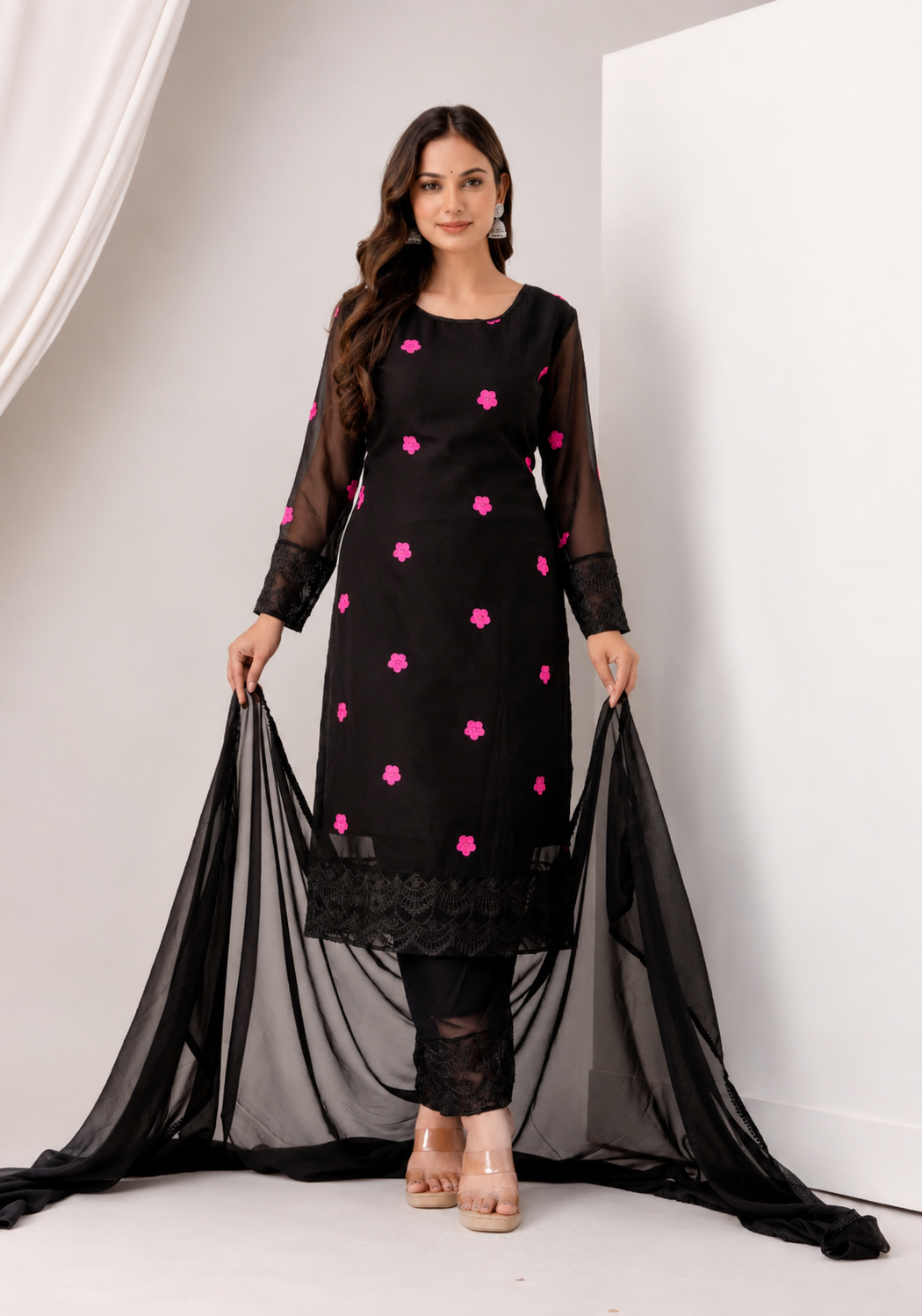 Women's Black Floral Embroidered Kurti Pant & Chiffon Dupatta Set