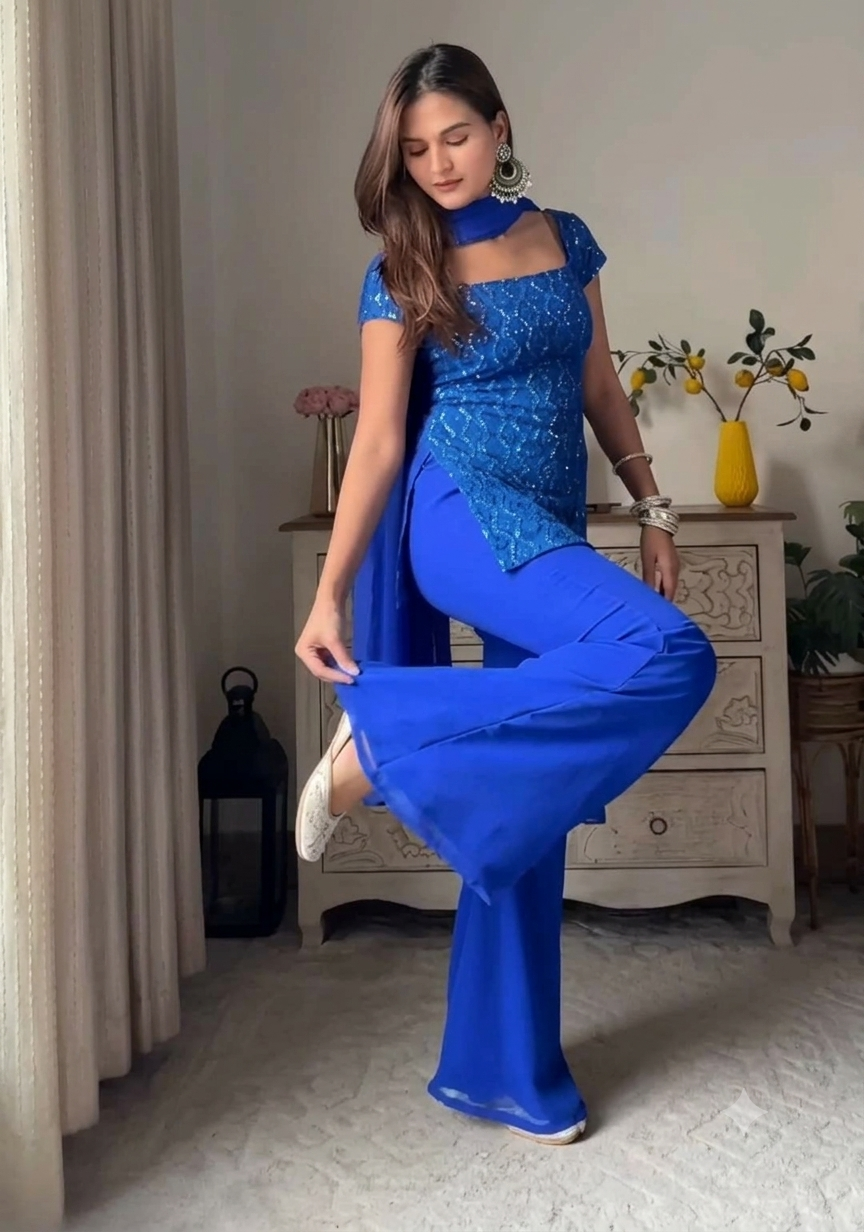 Women's Blue Embroidered Kurti Palazzo & Dupatta Set