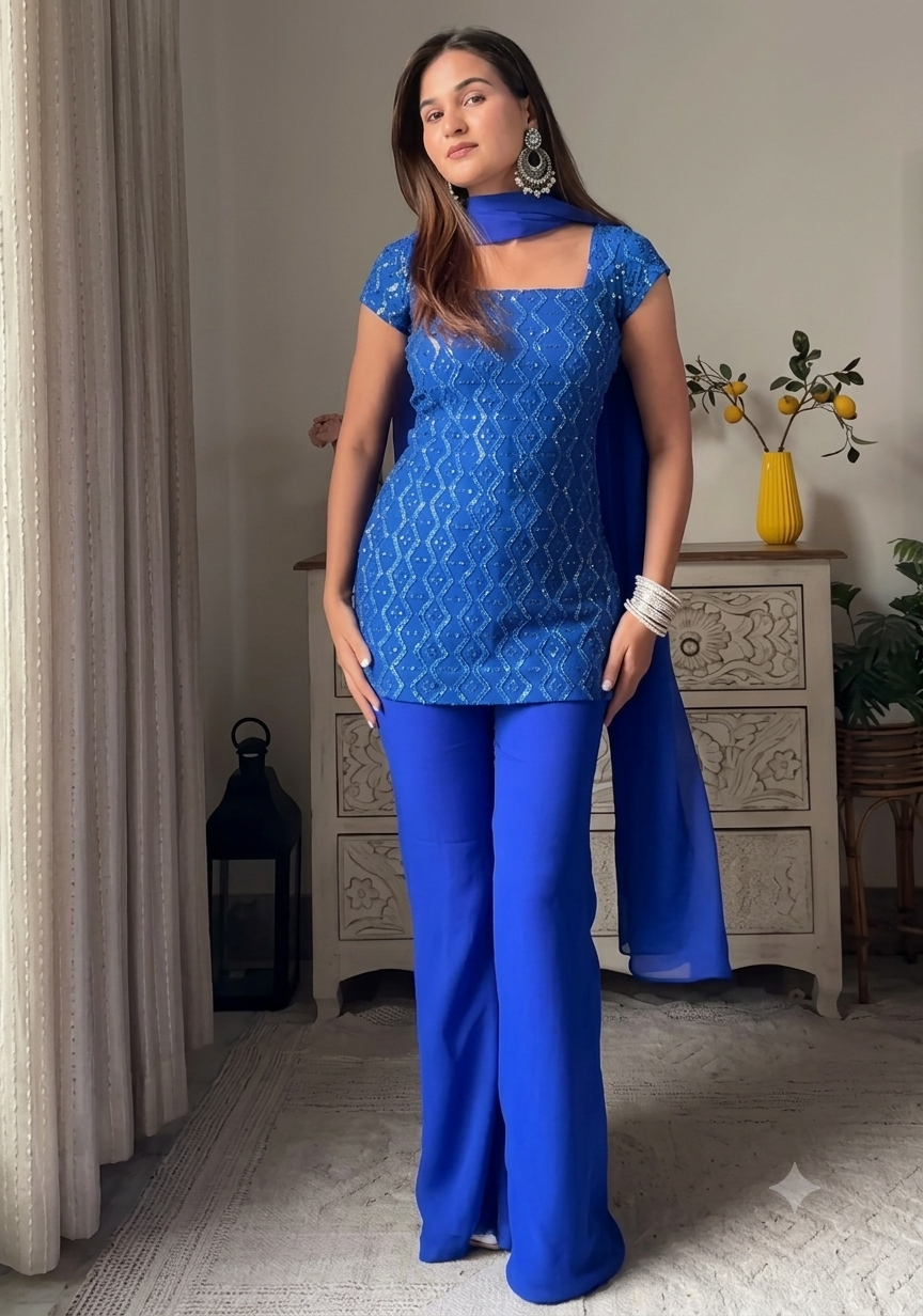 Women's Blue Embroidered Kurti Palazzo & Dupatta Set