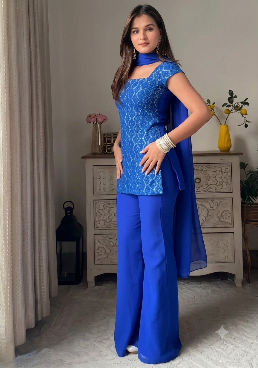 Women's Blue Embroidered Kurti Palazzo & Dupatta Set