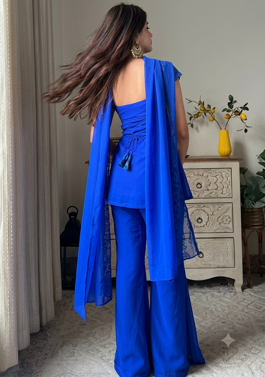 Women's Blue Embroidered Kurti Palazzo & Dupatta Set
