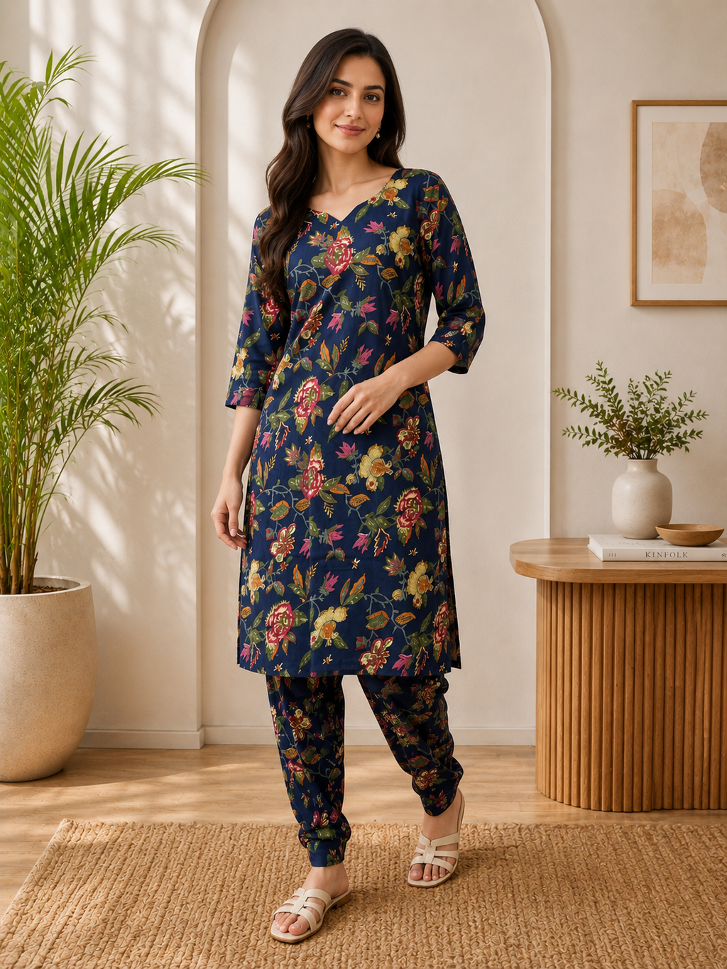 Women's Embroidered Cotton Blend Kurti with Pant Set | DCVK-06