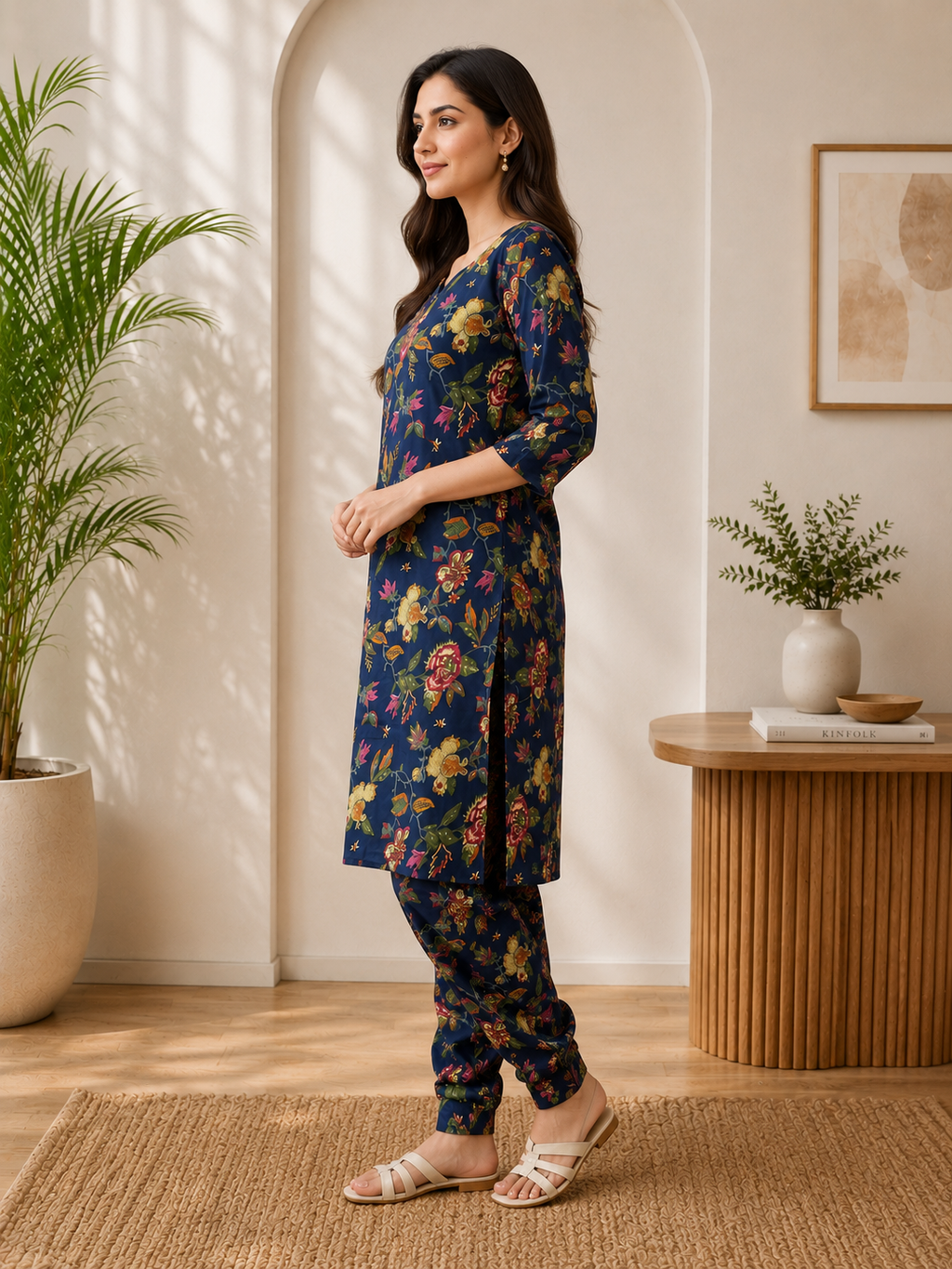 Women's Embroidered Cotton Blend Kurti with Pant Set | DCVK-06