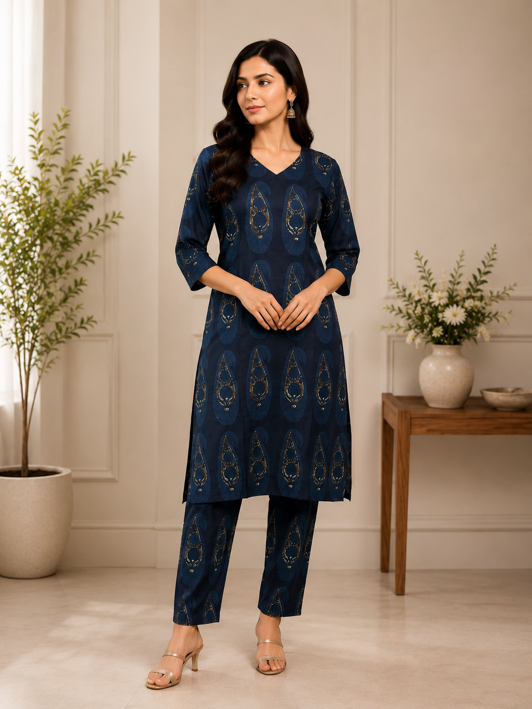 Women's Cotton Blend Embroidered Kurti with Pant Set | DCVK-12