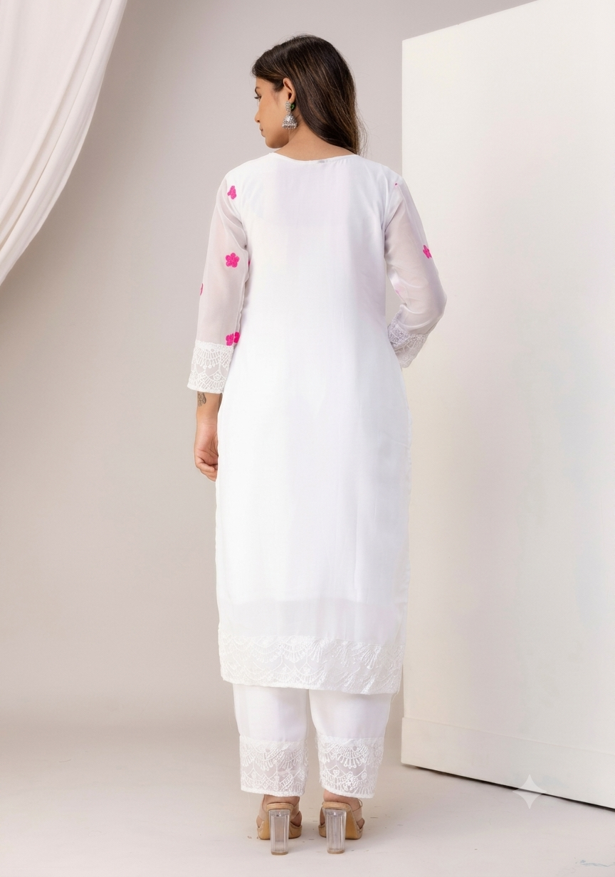 Women's White Floral Embroidered Kurti Pant & Chiffon Dupatta Set
