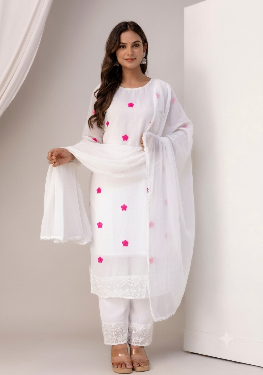 Women's White Floral Embroidered Kurti Pant & Chiffon Dupatta Set