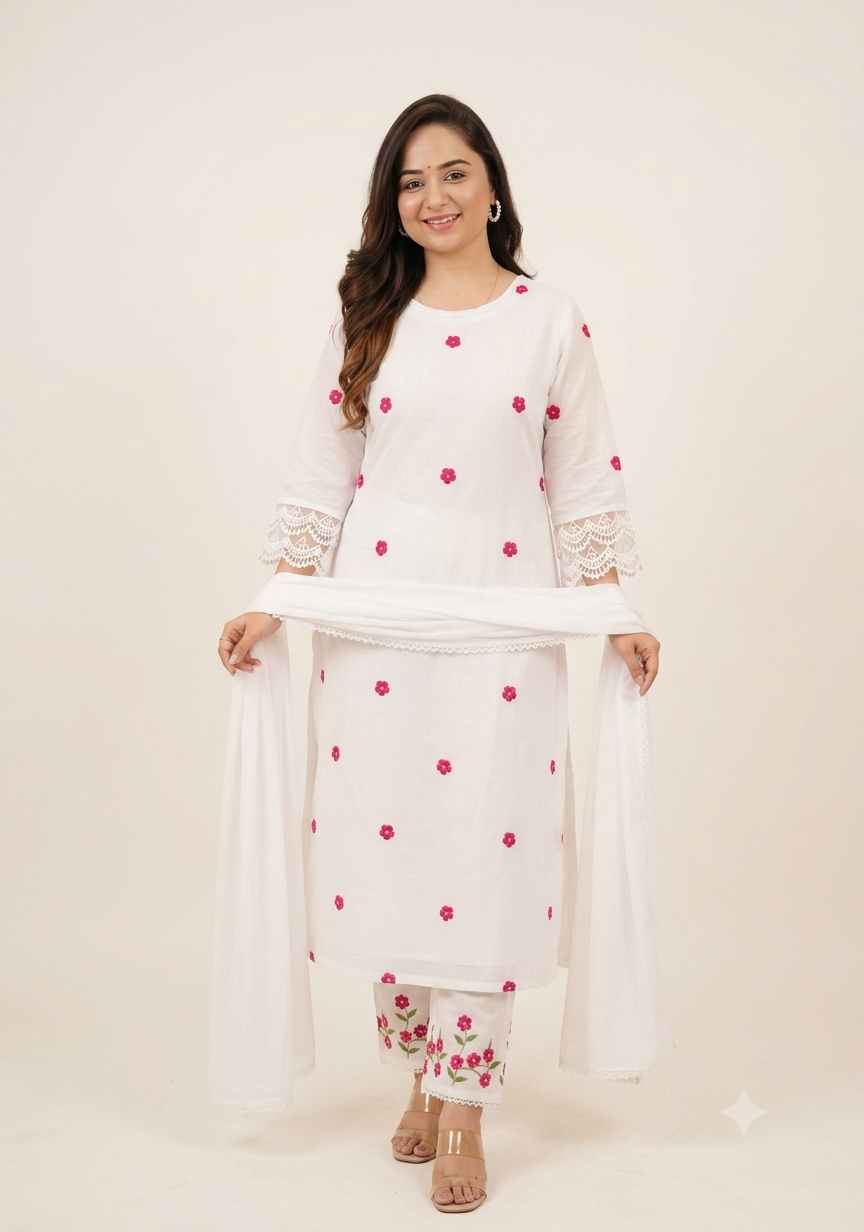 Women's White Floral Embroidered Kurti Pant & Chiffon Dupatta Set