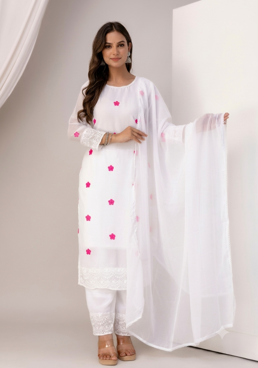 Women's White Floral Embroidered Kurti Pant & Chiffon Dupatta Set