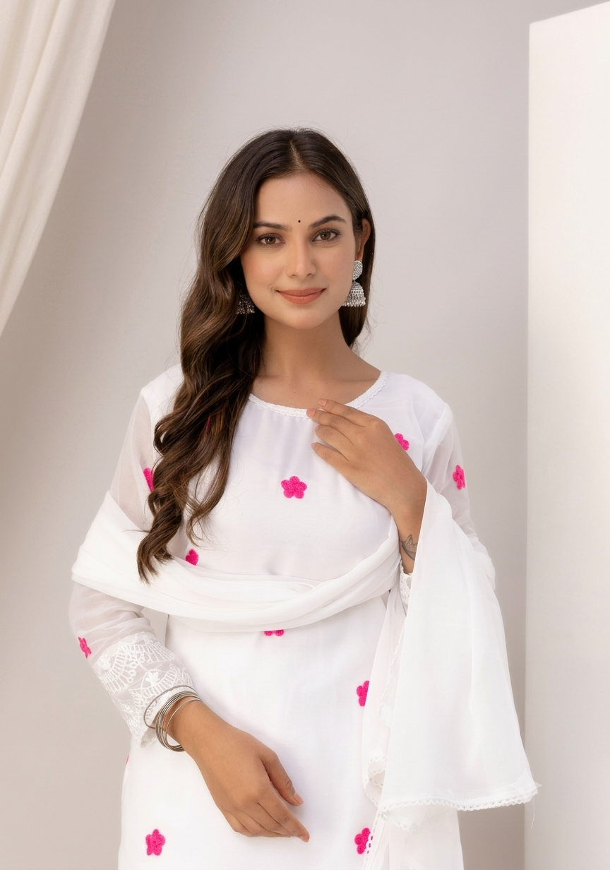 Women's White Floral Embroidered Kurti Pant & Chiffon Dupatta Set
