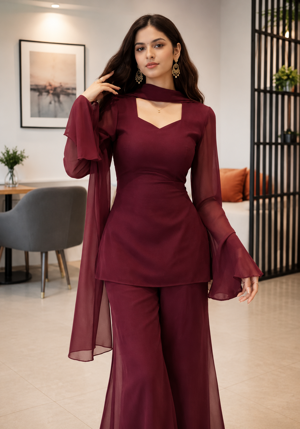 Women's Ethnic V neck Co-Ord Set with Palazzo and Dupatta