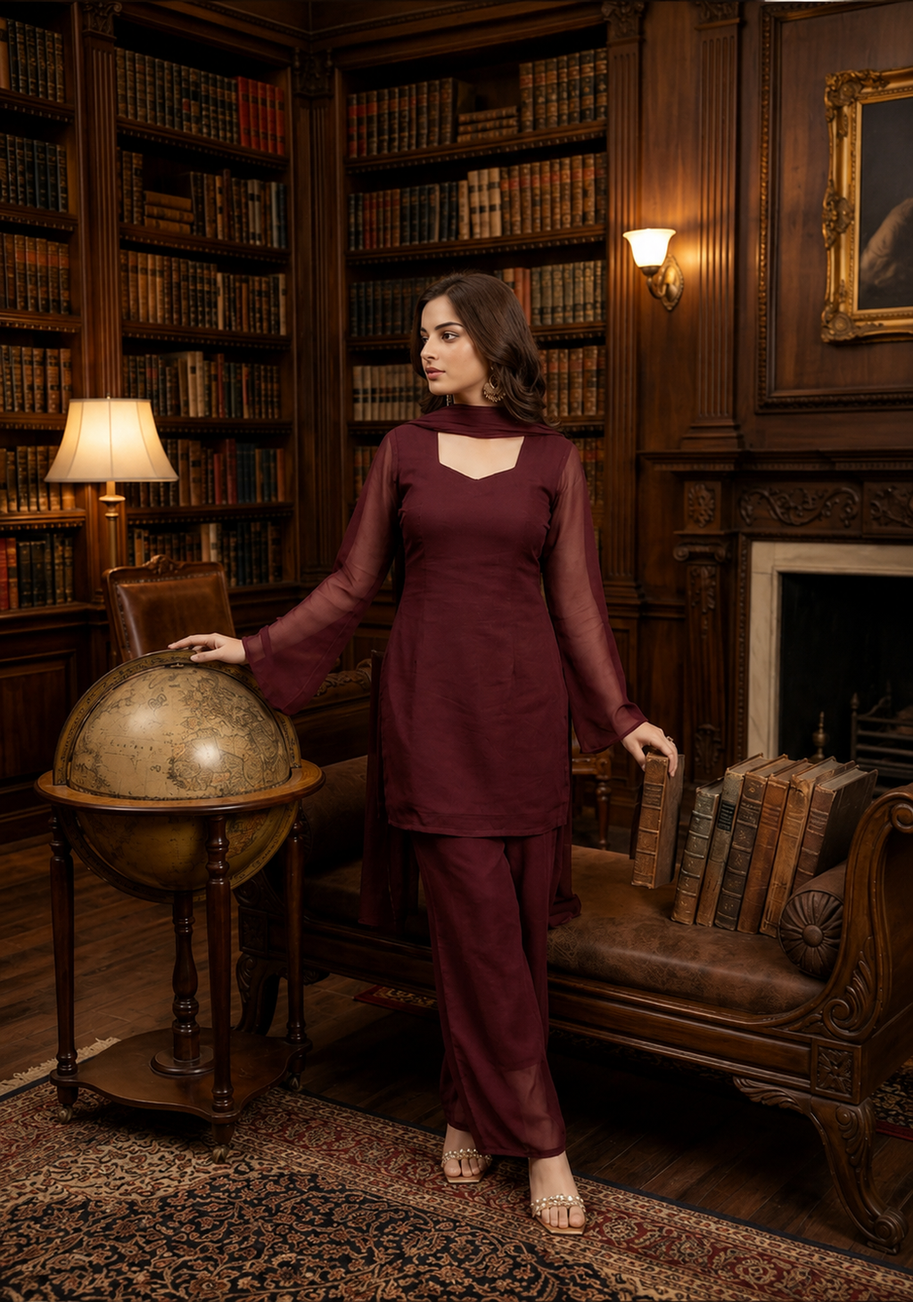 Women's Ethnic V neck Co-Ord Set with Palazzo and Dupatta